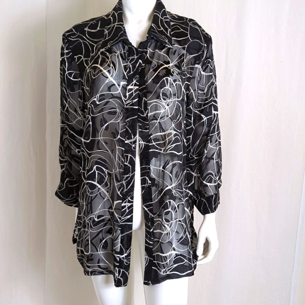 Carol Little Black and White Sheer Print Blouse 2X - Picture 3 of 7